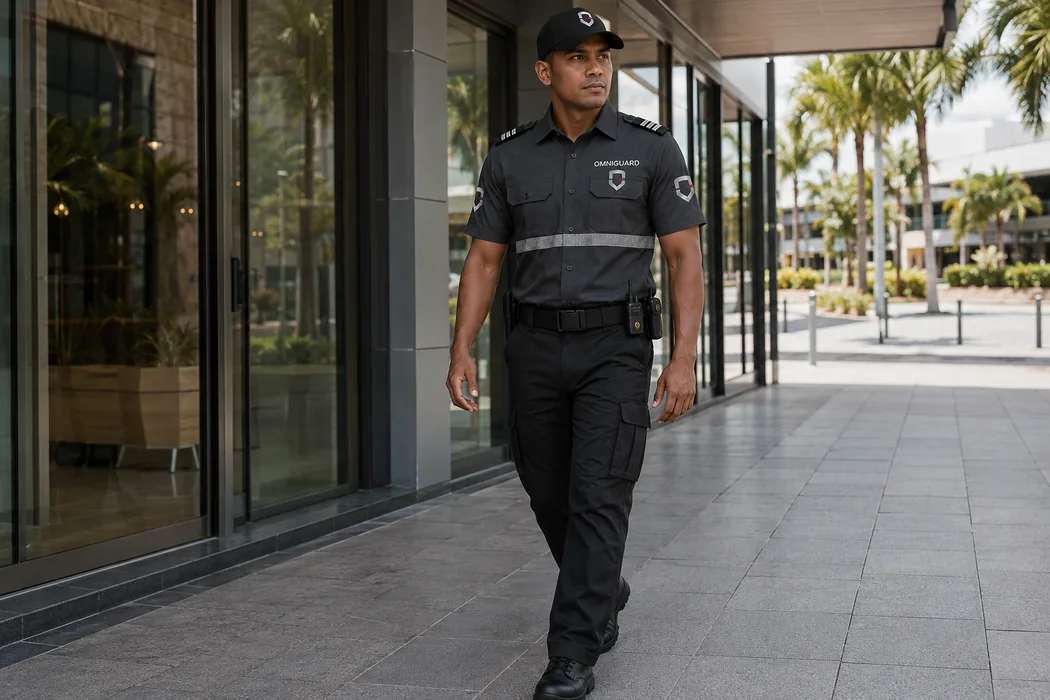 Agent OMNIGUARD en surveillance devant une galerie commerciale