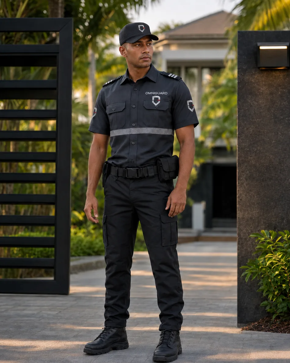 Agent OMNIGUARD à l'entrée d'une résidence à Maurice